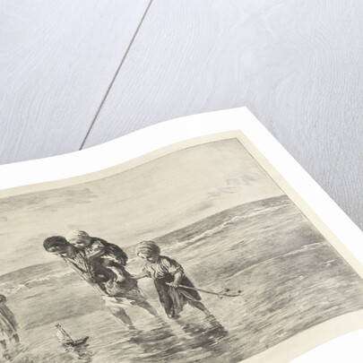 Four children playing with toy boat on the beach in shallow seawater by Jozef Israëls