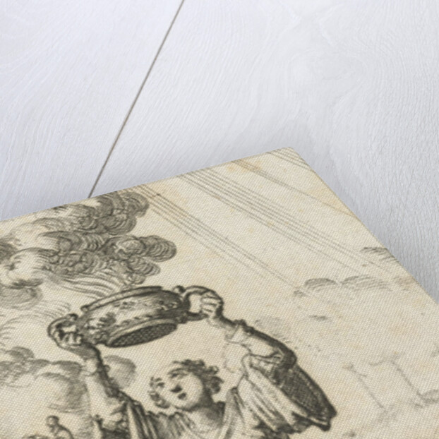 Figure stands on an orb and holds a smoking sacrifice dish in the air by Jurriaen van Poolsum