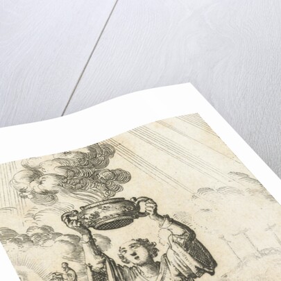 Figure stands on an orb and holds a smoking sacrifice dish in the air by Jurriaen van Poolsum