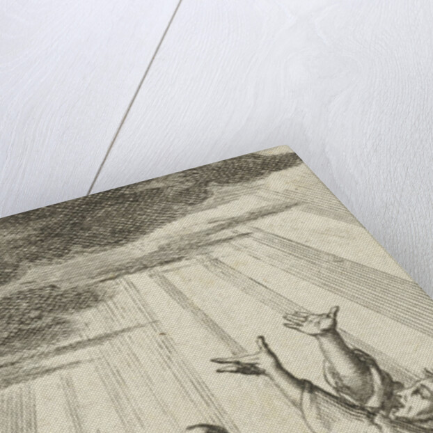 Three figures look up and are illuminated by a beam of heavenly light by Barent Bos