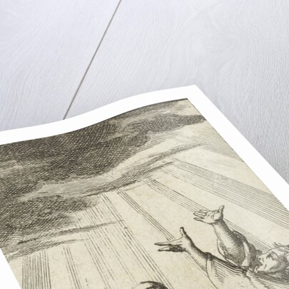 Three figures look up and are illuminated by a beam of heavenly light by Barent Bos