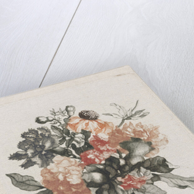 Glass vase with flowers and before the vase a branch with flower by Johan Teyler