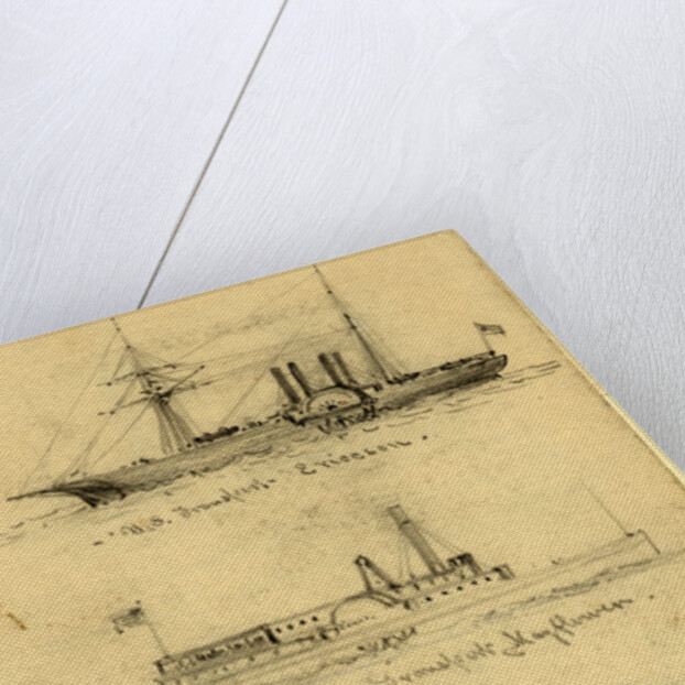 Broadside views of three sidewheel steamships: U.S. Transport Ericcson, U.S. Transport Mayflower, and U.S. Transport Empire City by Alfred R Waud