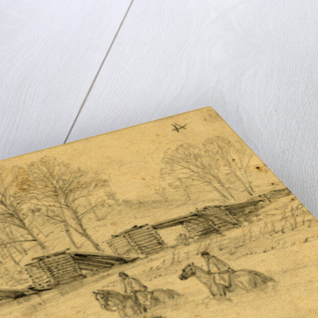 Soldiers on horseback crossing a river near a collapsed bridge by Alfred R Waud