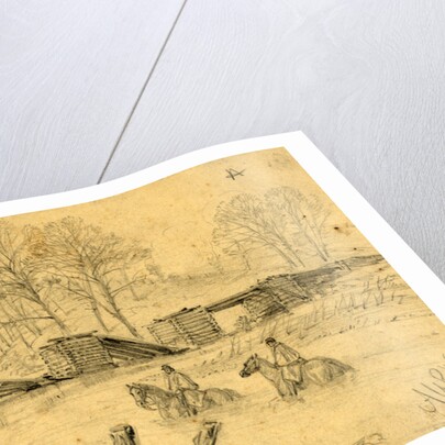 Soldiers on horseback crossing a river near a collapsed bridge by Alfred R Waud