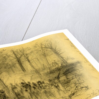 The rebels covered by a ledge of rock repulsing the troops on the right- in the woods beyond the Duncker ch. Antietam, 1862 September 17 by Alfred R Waud