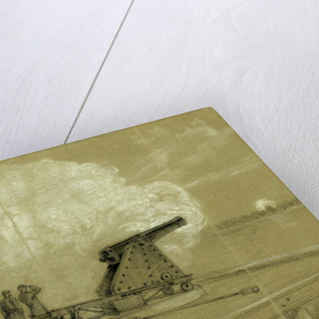 Scene on the dock at the Rip Raps. Testing the Sawyer gun and projectile, a shell bursting on the rebel batteries at Sewells Point, 1861 by Alfred R Waud