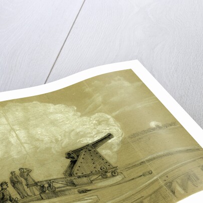 Scene on the dock at the Rip Raps. Testing the Sawyer gun and projectile, a shell bursting on the rebel batteries at Sewells Point, 1861 by Alfred R Waud