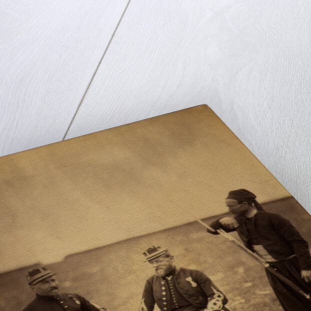 Two French officers, seated, and Zouave, standing with arm resting on rifle, Crimean War by Roger Fenton