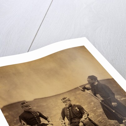 Two French officers, seated, and Zouave, standing with arm resting on rifle, Crimean War by Roger Fenton