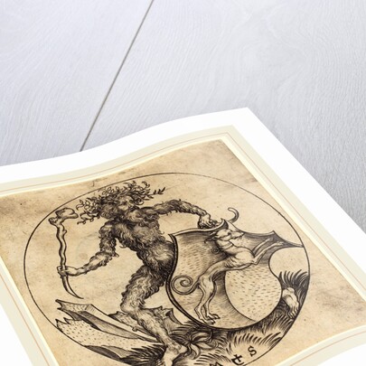 Wild Man Holding a Shield with a Greyhound by Martin Schongauer