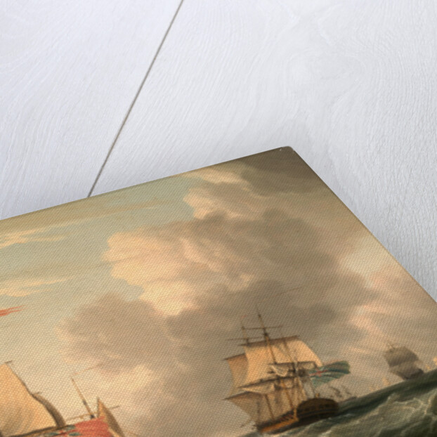 An English Two-Decker Lying Hove to, with Other Ships and Vessels in a Fresh Breeze by Dominic Serres