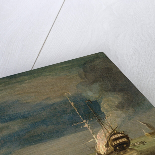 A Two-Decker on Fire at Night off a Fort by Charles Brooking