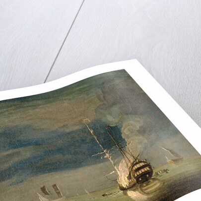 A Two-Decker on Fire at Night off a Fort by Charles Brooking