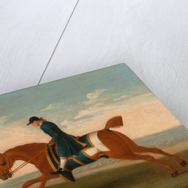 One of Four Portraits of Horses - a Chestnut Racehorse Exercised by a Trainer in a Blue Coat by James Seymour