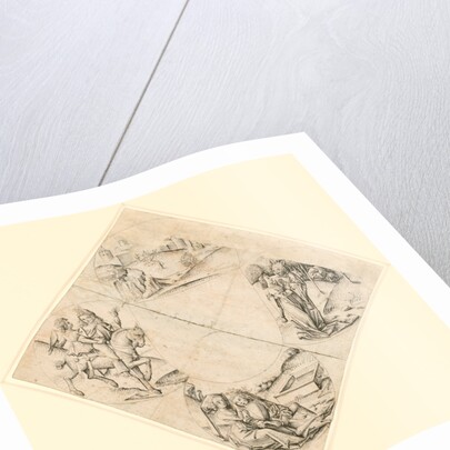 Design for a Quatrefoil with a Castle, Two Lovers, a Maiden Tempted by a Fool, a Couple Seated by a Trough, and a Knight and His Lover Mounted on a Horse by Anonymous