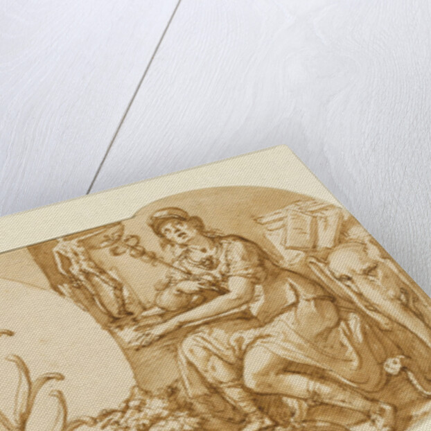 Allegories of Study and Intelligence Flanking the Zuccaro Emblem by Federico Zuccaro