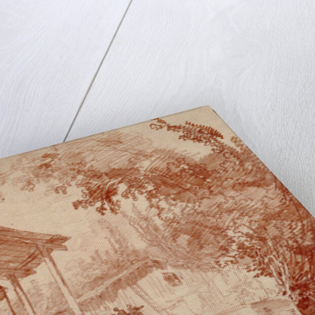 Farmyard with Two Figures by a Well and a Large Wheelbarrow in the Foreground by Hubert Robert