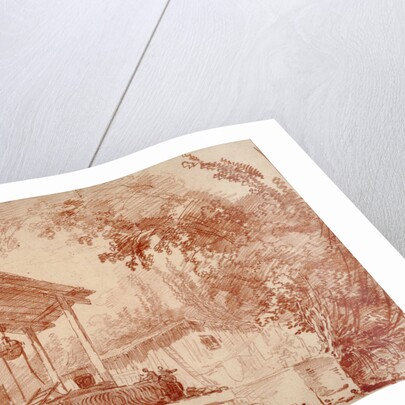 Farmyard with Two Figures by a Well and a Large Wheelbarrow in the Foreground by Hubert Robert