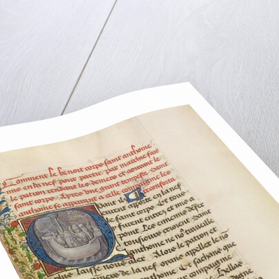 Initial Q: Saint Anthony Reassuring Bishop Theophilus and His Companions During a Great Storm by Master of the Brussels Romuléon