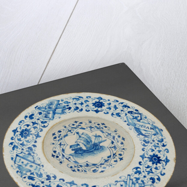 Blue and White Dish with a Merchant Ship by Anonymous