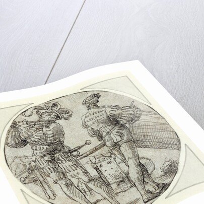 A Flutist and Drummer Before a Moated Castle by Master of the Berlin Roundels