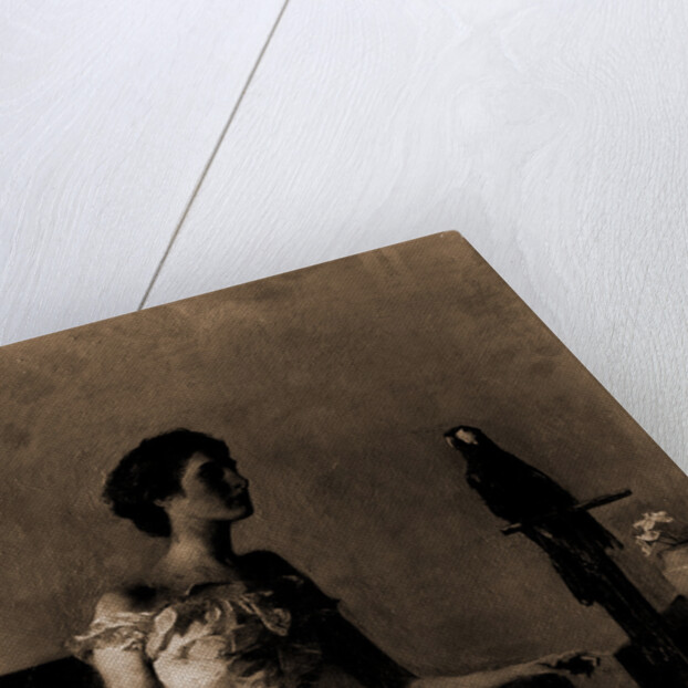 Lady sitting on chair next to parrot by Thomas Wilmer Dewing