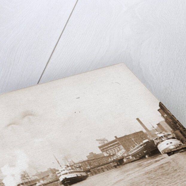 Chicago River scene with steamboat and industrial waterfront by Anonymous