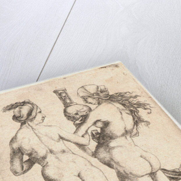 Allegory of Birth and Death: Two Naked Women with Skull and Hourglass, early 16th century by Giulio Campagnola