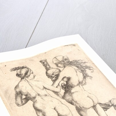 Allegory of Birth and Death: Two Naked Women with Skull and Hourglass, early 16th century by Giulio Campagnola