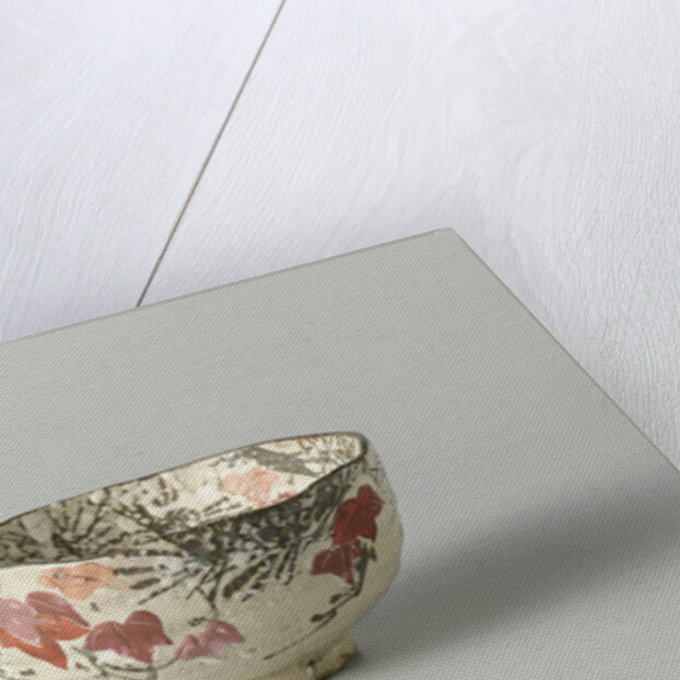 Tea bowl with a backdrop of pine, maple leaves and snow by Anonymous