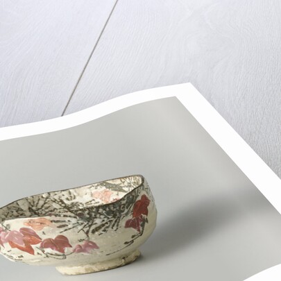 Tea bowl with a backdrop of pine, maple leaves and snow by Anonymous