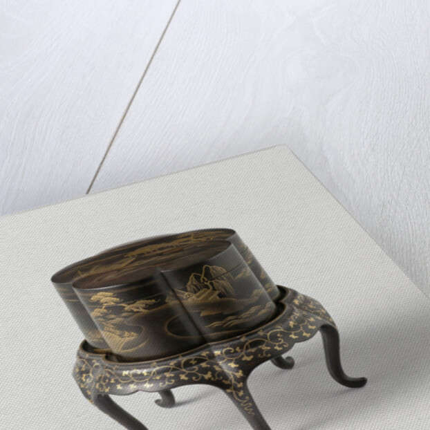 Box, lobed, loose foot, gilded landscapes on black ground by Anonymous