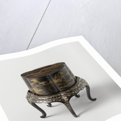 Box, lobed, loose foot, gilded landscapes on black ground by Anonymous