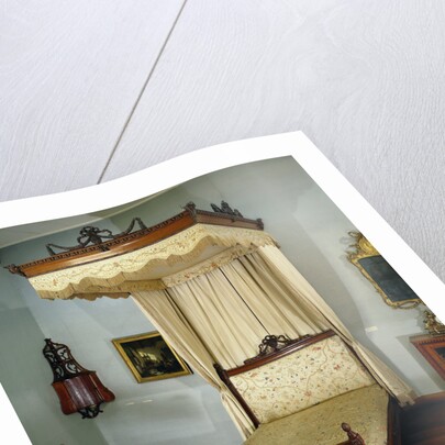Bed of oak, with sky and loose curtains by Anonymous