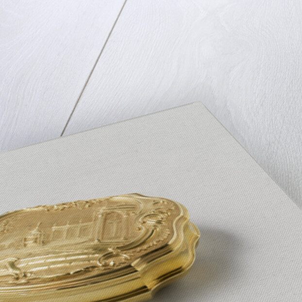 Snuff box of gold, adorned with driven representation of a fountain in a garden by Jean Saint