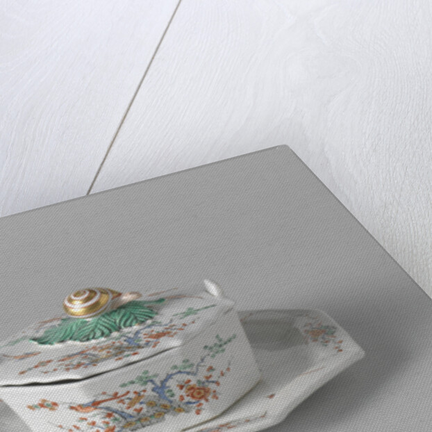 Butter dish on saucer with a lid topped by a button in the shape of a snail by Anonymous