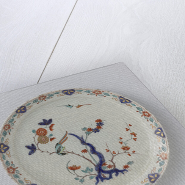 Plate, the flat painted with flowering branches and birds, Jacob van der Kool by Anonymous