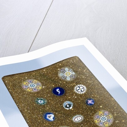 Plaque of aventurine glass, with eleven rosettes of millefiori glass by Anonymous