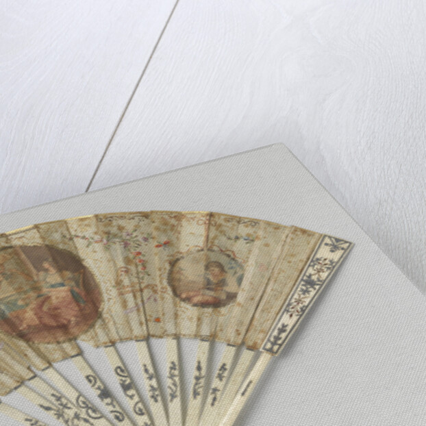 Folding fan with blade side to a medallion seated lady with fan and putti painted by Anonymous