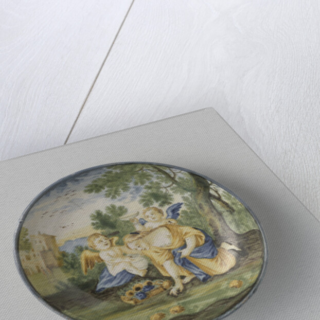 Saucer, painted with flower sitting on her knees picking woman. by Anonymous