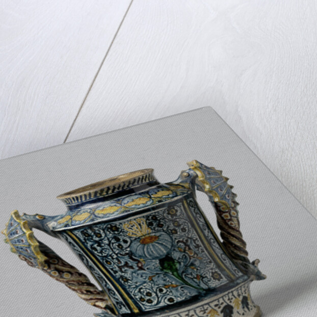 Albarello, multicolor painted with flower sprays and oval escutcheon by Anonymous