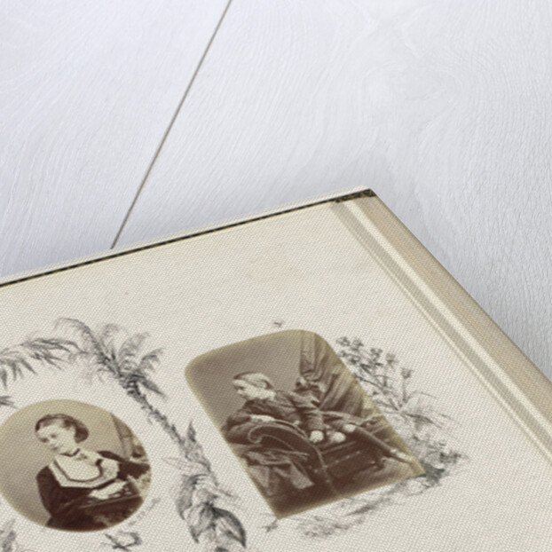 Portrait of Reginald Carter as a child with picture book bordered by drawing flora by Anonymous