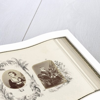 Portrait of Reginald Carter as a child with picture book bordered by drawing flora by Anonymous