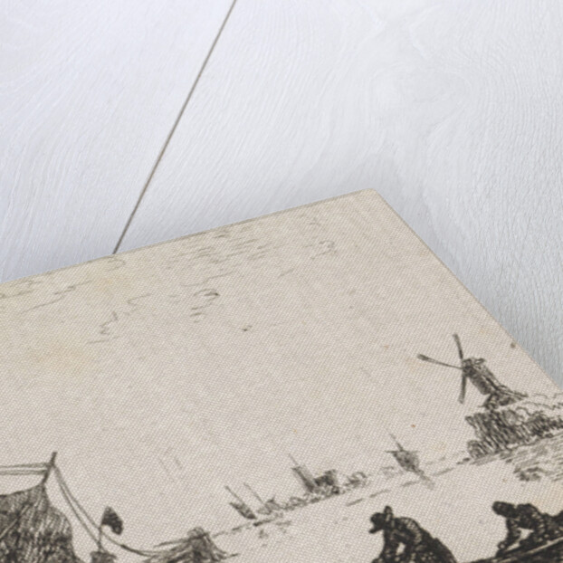 A river view with in the foreground a boat with fishermen get their nets by Jan Izaak van Mansvelt