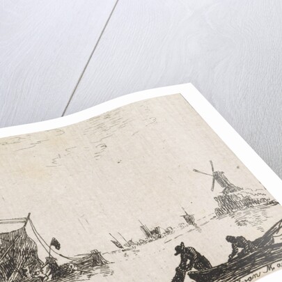 A river view with in the foreground a boat with fishermen get their nets by Jan Izaak van Mansvelt