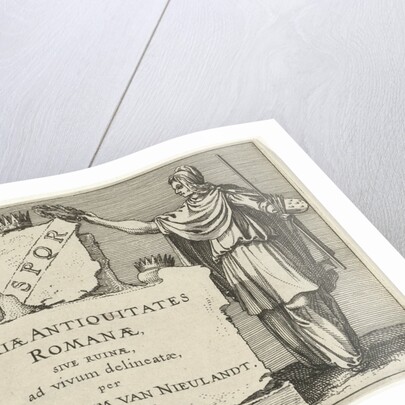 Fame and Arts besides a monumental stone, Anonymous by Claes Jansz. Visscher II