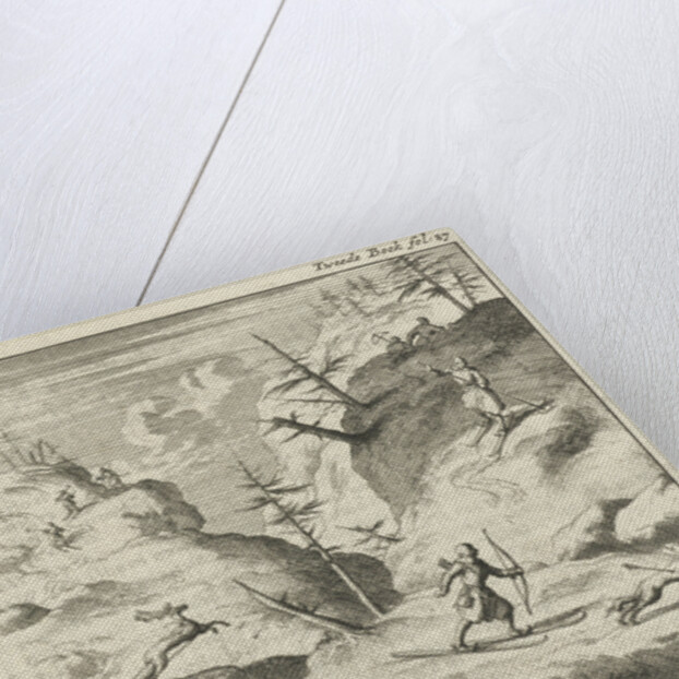 Laplanders move on wooden slats and slides through the snowy landscape by Jan Luyken