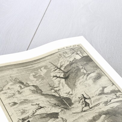 Laplanders move on wooden slats and slides through the snowy landscape by Jan Luyken