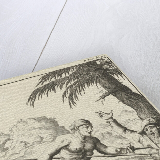 Javanese and Dutch man stabbing each other with a spear and a dagger down by Jan Luyken